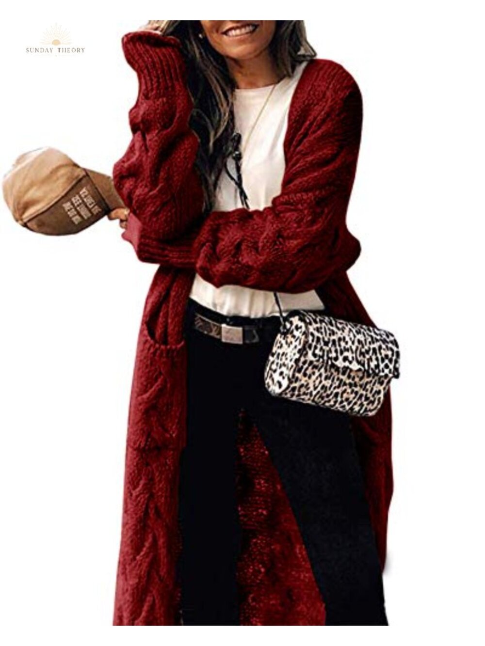 Womens Long Cardigan Chunky Cable Knit Open Front Sweater with Pockets